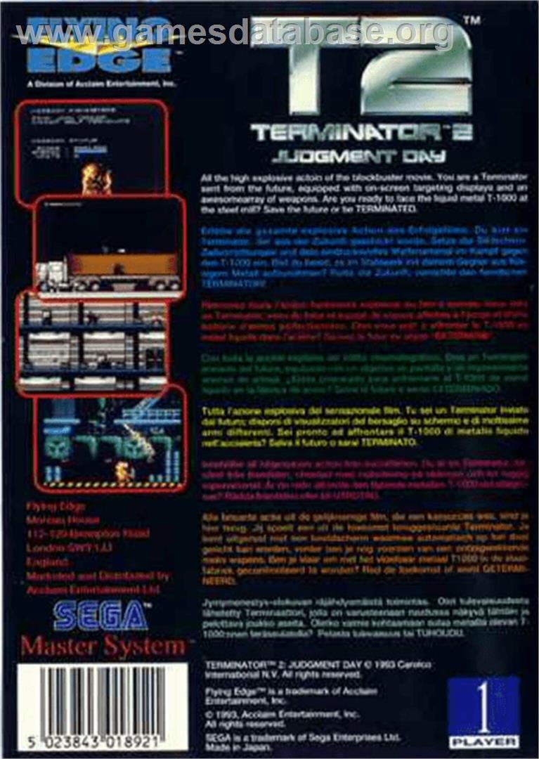 Terminator 2 - Judgment Day - Sega Master System - Artwork - Box Back