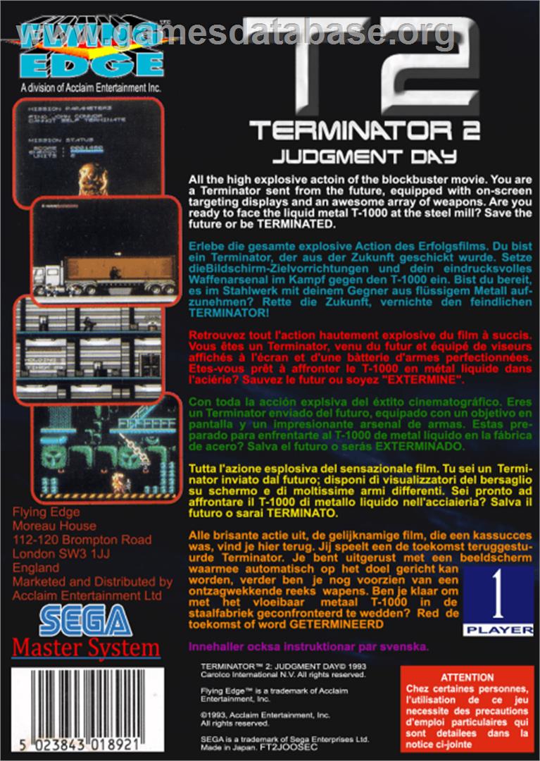 Terminator 2 - Judgment Day - Sega Master System - Artwork - Box Back