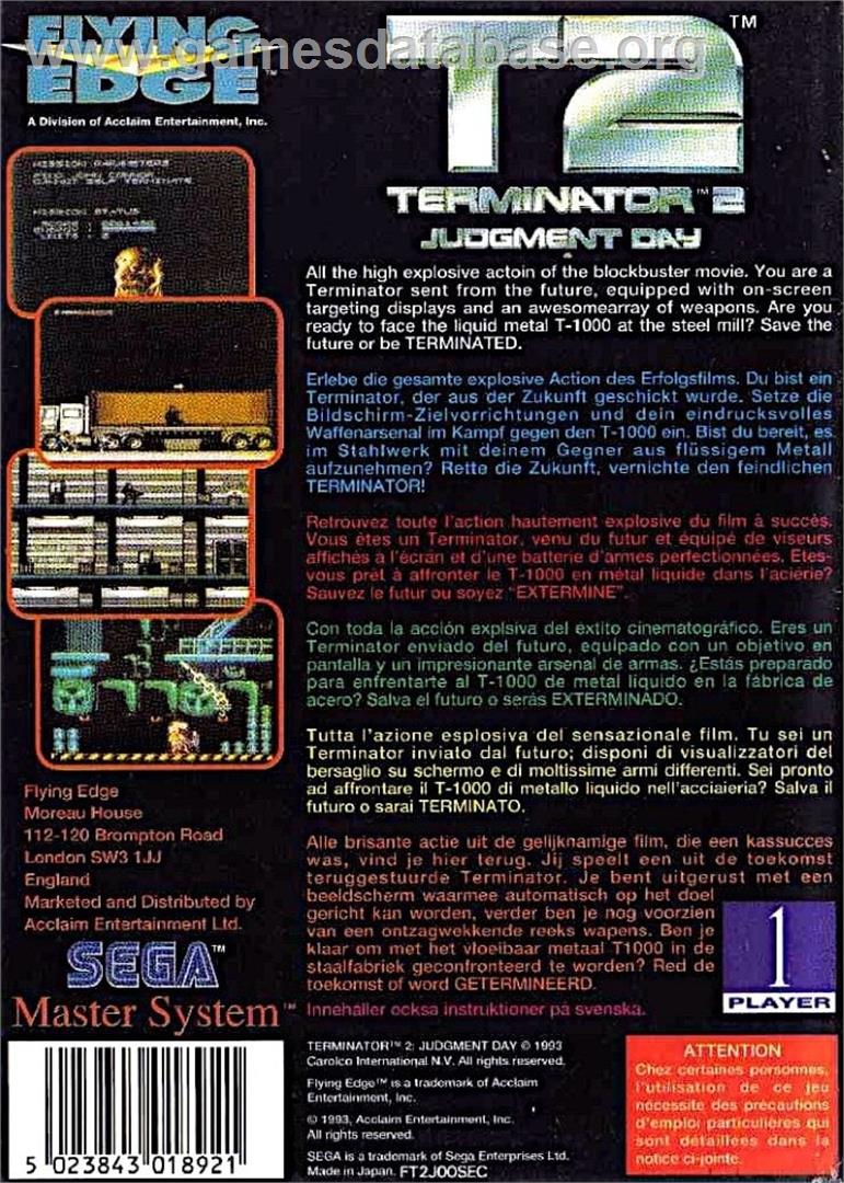Terminator 2 - Judgment Day - Sega Master System - Artwork - Box Back