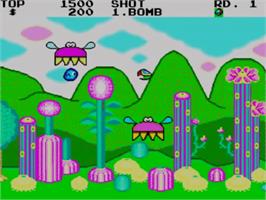 In game image of Fantasy Zone on the Sega Master System.
