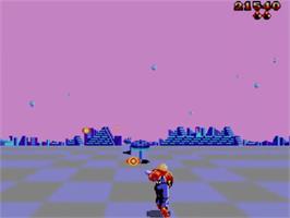 In game image of Space Harrier 3-D on the Sega Master System.