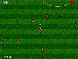 In game image of Ultimate Soccer on the Sega Master System.