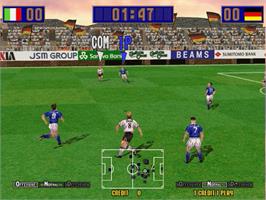 In game image of Virtua Striker 2 on the Sega Model 3.