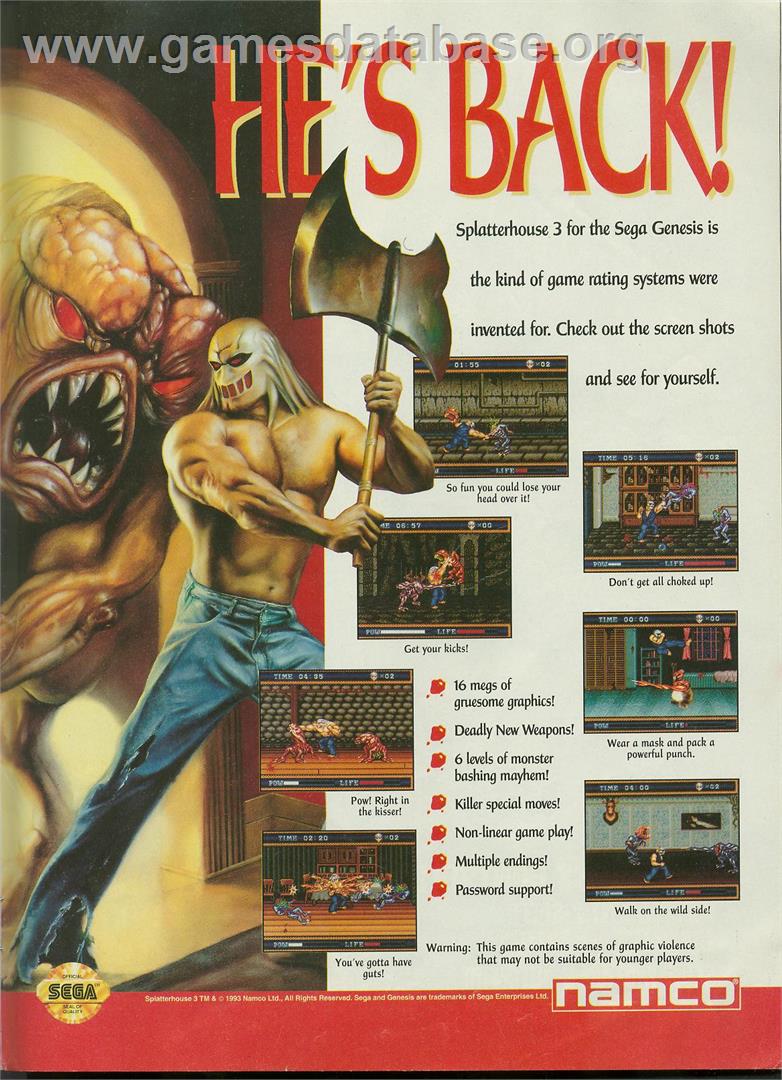 Splatter House 3 - Sega Genesis - Artwork - Advert