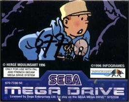 Cartridge artwork for Tintin Au Tibet on the Sega Nomad.