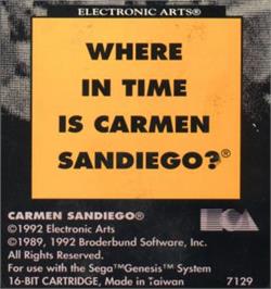 Cartridge artwork for Where In Time Is Carmen Sandiego? on the Sega Nomad.