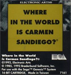 Cartridge artwork for Where in the World is Carmen Sandiego? on the Sega Nomad.