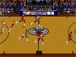In game image of Bulls vs. Blazers and the NBA Playoffs on the Sega Nomad.