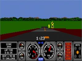 In game image of Hard Drivin' on the Sega Nomad.