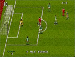 In game image of World Trophy Soccer on the Sega Nomad.