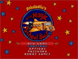 Title screen of Scholastic's The Magic School Bus - Space Exploration Game on the Sega Nomad.