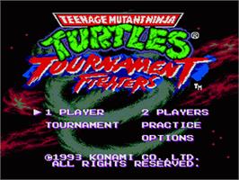 Title screen of Teenage Mutant Ninja Turtles - Tournament Fighters on the Sega Nomad.