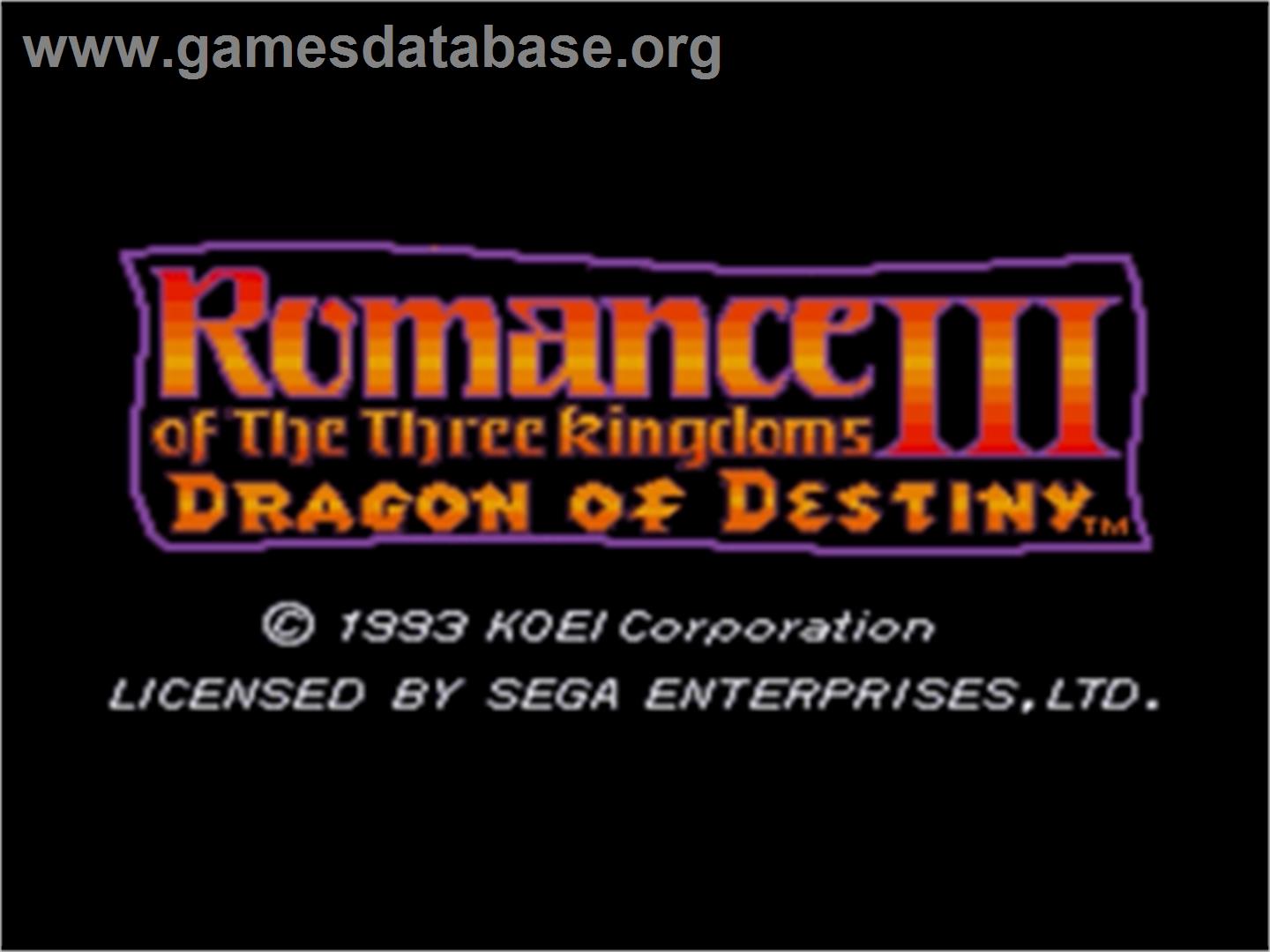 Romance of the Three Kingdoms III: Dragon of Destiny - Sega Nomad - Artwork - Title Screen