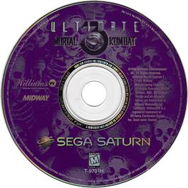 Cartridge artwork for Ultimate Mortal Kombat 3 on the Sega Saturn.