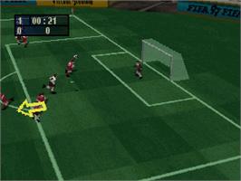 In game image of FIFA 97 on the Sega Saturn.
