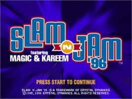 Title screen of Slam 'N Jam '96 Featuring Magic & Kareem on the Sega Saturn.