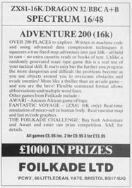 Advert for Adventure 200 on the Sinclair ZX Spectrum.