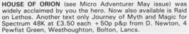 Advert for House Of Orion on the Sinclair ZX Spectrum.
