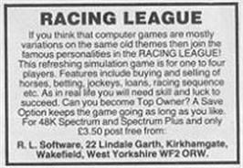 Advert for Racing League on the Sinclair ZX Spectrum.
