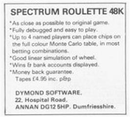 Advert for Roulette Monte Carlo on the Sinclair ZX Spectrum.