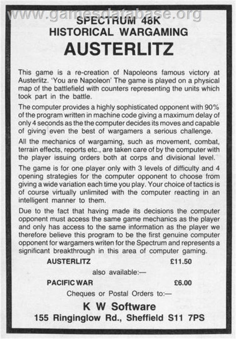 Austerlitz - Sinclair ZX Spectrum - Artwork - Advert