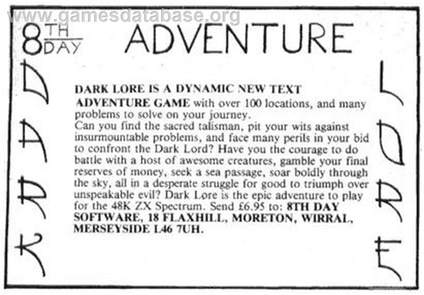 Dark Lore - Sinclair ZX Spectrum - Artwork - Advert
