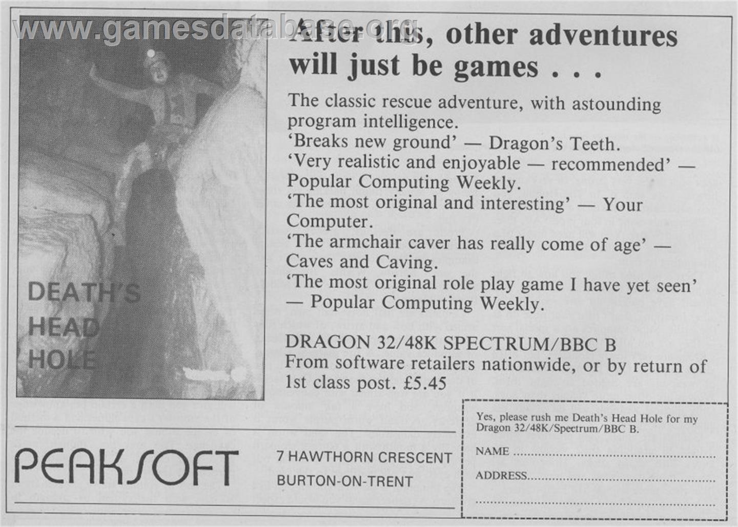 Death's Head Hole - Acorn BBC Micro - Artwork - Advert