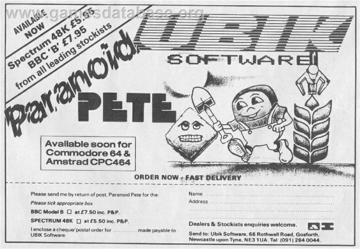 Paranoid Pete - Sinclair ZX Spectrum - Artwork - Advert
