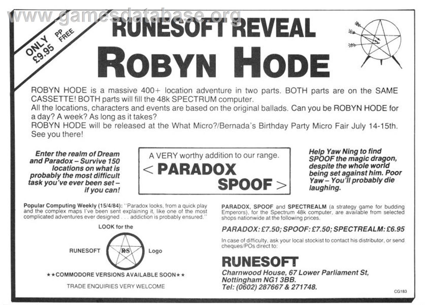 Robyn Hode - Sinclair ZX Spectrum - Artwork - Advert