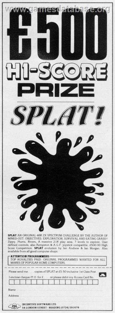 Splat! - Sinclair ZX Spectrum - Artwork - Advert
