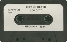 Cartridge artwork for City Of Death on the Sinclair ZX Spectrum.