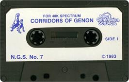Cartridge artwork for Corridors of Genon on the Sinclair ZX Spectrum.