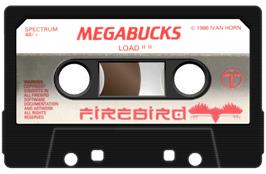 Cartridge artwork for Mega Bucks on the Sinclair ZX Spectrum.