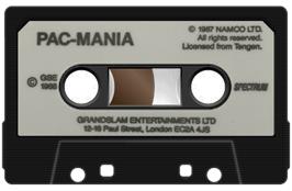 Cartridge artwork for Pacmania on the Sinclair ZX Spectrum.