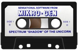 Cartridge artwork for Shadow Of The Unicorn on the Sinclair ZX Spectrum.