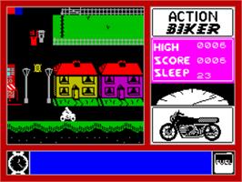 In game image of Action Biker Featuring Clumsy Colin on the Sinclair ZX Spectrum.
