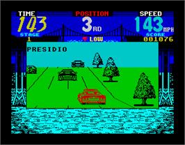 In game image of Cisco Heat: All American Police Car Race on the Sinclair ZX Spectrum.