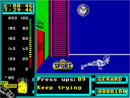 In game image of Gary Linekers Superskills on the Sinclair ZX Spectrum.