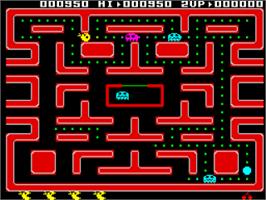 In game image of Ms. Pac-man on the Sinclair ZX Spectrum.