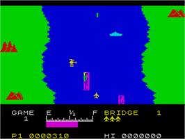 In game image of River Raid on the Sinclair ZX Spectrum.