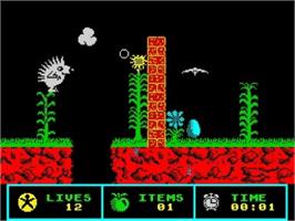 In game image of Spiky Harold Goes Hibernating on the Sinclair ZX Spectrum.