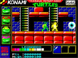 In game image of Teenage Mutant Hero Turtles on the Sinclair ZX Spectrum.