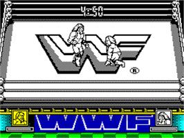 In game image of WWF Wrestlemania on the Sinclair ZX Spectrum.