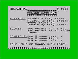 Title screen of Alien Command on the Sinclair ZX Spectrum.