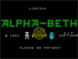 Title screen of Alpha-beth on the Sinclair ZX Spectrum.