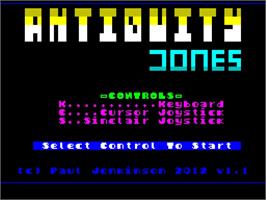 Title screen of Antiquity Jones on the Sinclair ZX Spectrum.