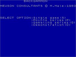 Title screen of Backgammon (Postern Ltd) on the Sinclair ZX Spectrum.