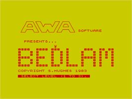 Title screen of Bedlam (AWA) on the Sinclair ZX Spectrum.