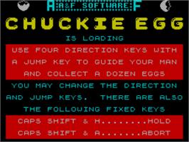 Title screen of Chuckie Egg on the Sinclair ZX Spectrum.