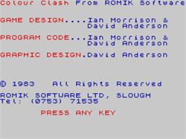 Title screen of Colour Clash on the Sinclair ZX Spectrum.